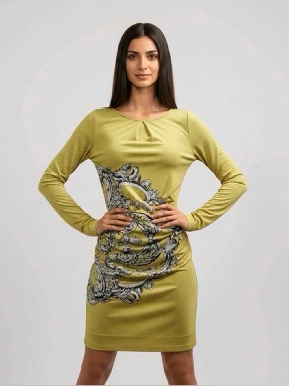 BCBGMaxAzria green yellow ornate design  long sleeve dress - Picture 2 of 5